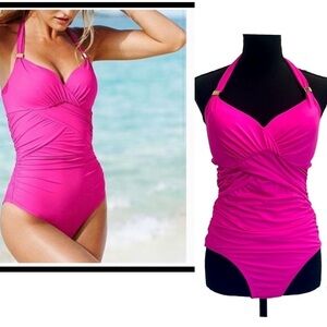Victoria’s Secret Unforgettable Neon Pink one piece halter swimsuit Sz 36C